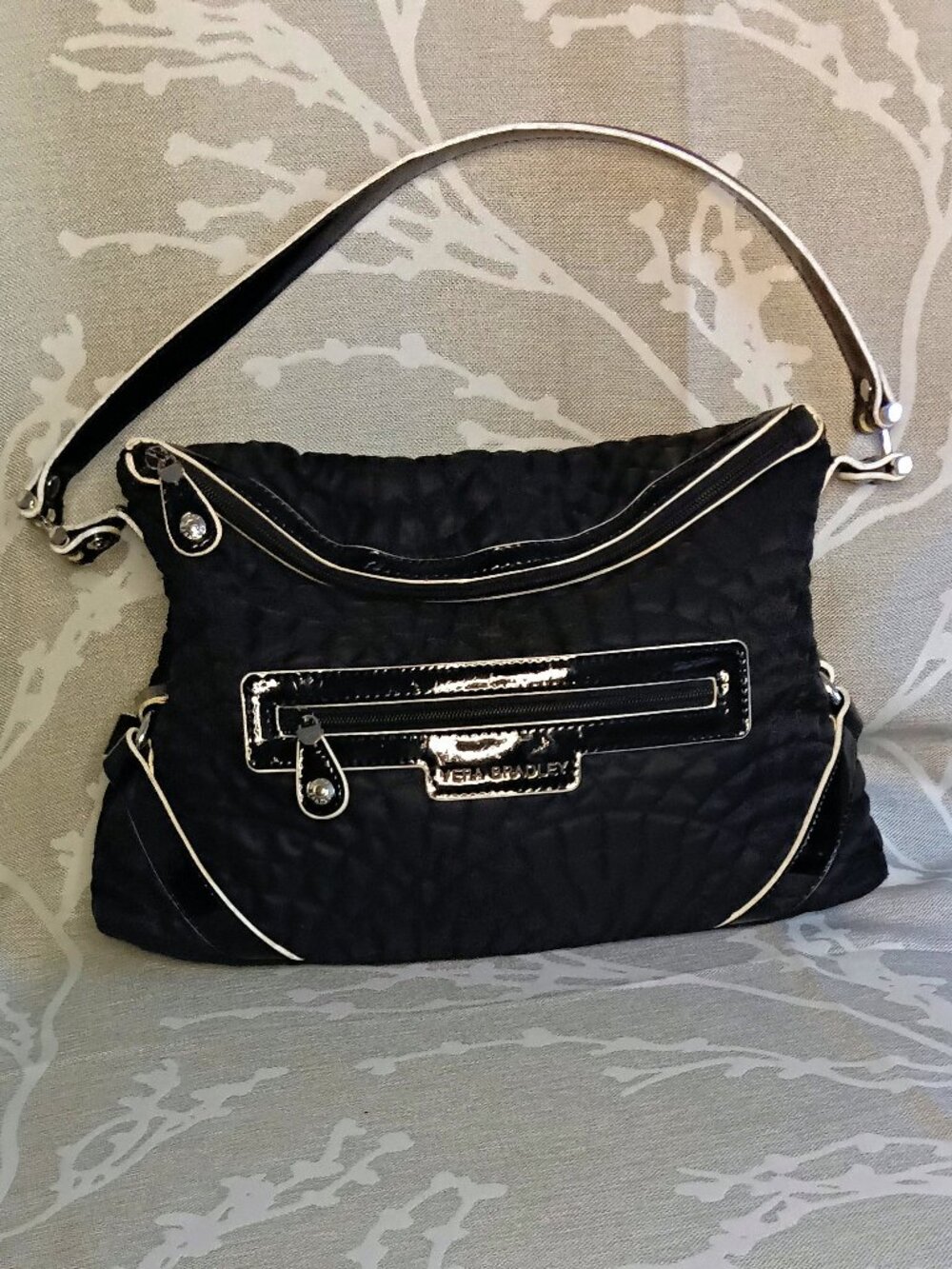 Vera Bradley Black Quilted Hobo Bag with Patent Trim & White Piping